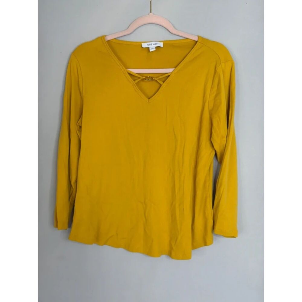Nine West Criss Cross Cutout V-Neck Top Womens Large Gold Ring Long Sleeve